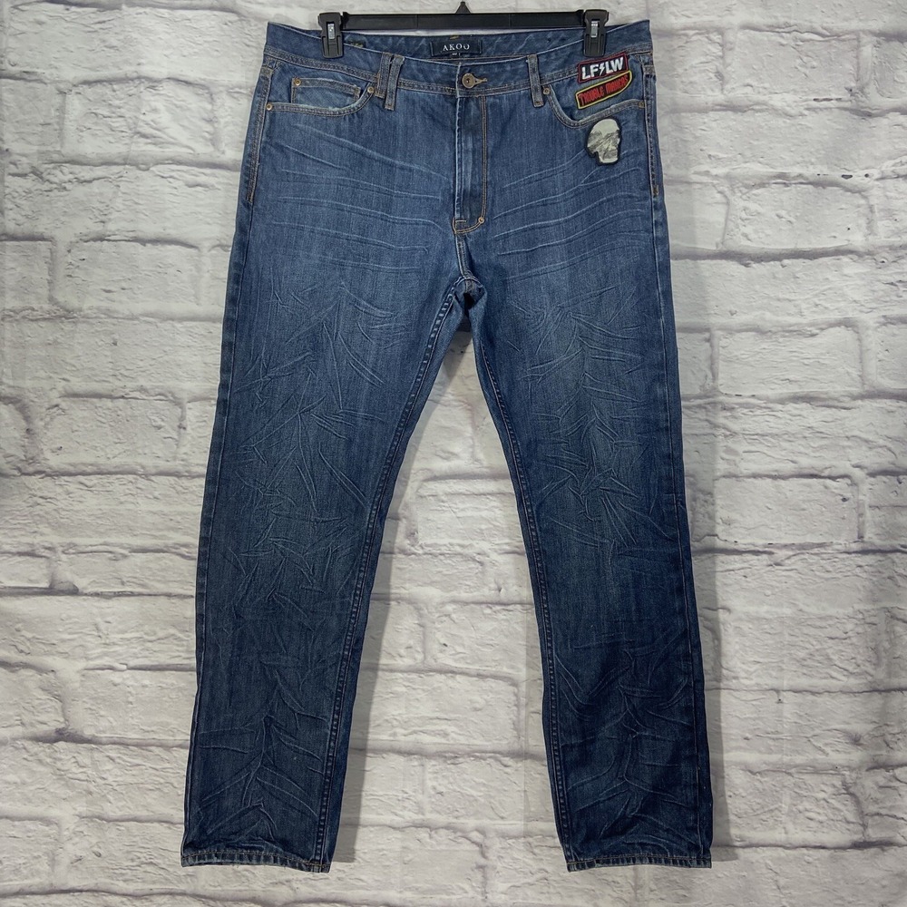 Akoo Jeans Mens 40 Blue Straight Leg Embroidered Scull Y2K